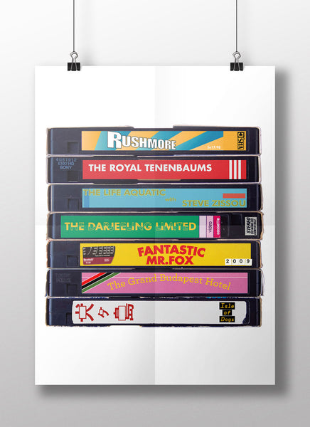 Wes Anderson Films:  VHS Cassette Print, Retro Video Cassette Poster